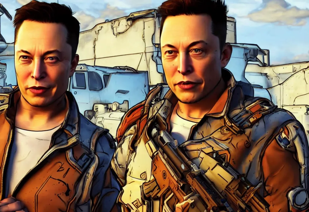 Image similar to elon musk in borderlands elon musk in the video game borderlands, gameplay screenshot, close up, 3 d rendering. unreal engine. amazing likeness. very detailed.