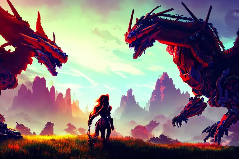 Image similar to dragon machine mecanical creature robot of horizon forbidden west horizon zero dawn bioluminiscence global illumination ray tracing hdr fanart arstation by ian pesty and alena aenami artworks in 4 k