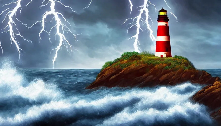 Image similar to a lighthouse being struck by lightning out at sea, digital art, highly detailed, realistic, bright colors, 8 k