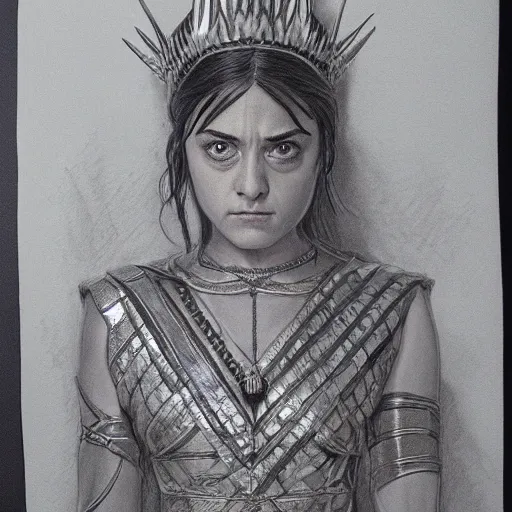 Prompt: arya stark as goddess ishtar wearing her ancient cloth, detailed pencil drawing by glenn vilppu