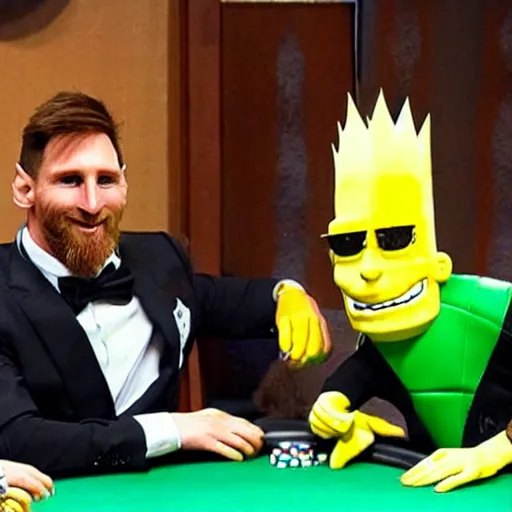 Prompt: messi playing poker with a real life bart simpson