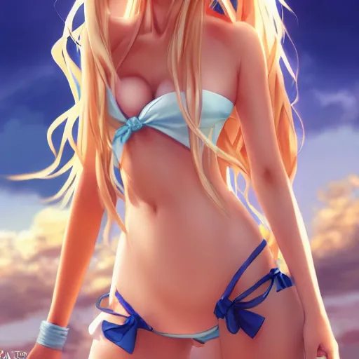 Image similar to a very beautiful young anime giantess with her tiny dad, full body, long wavy blond hair, sky blue eyes, full round face, evil grin, bikini, miniskirt, front view, mid - shot, highly detailed, cinematic wallpaper by stanley artgerm lau