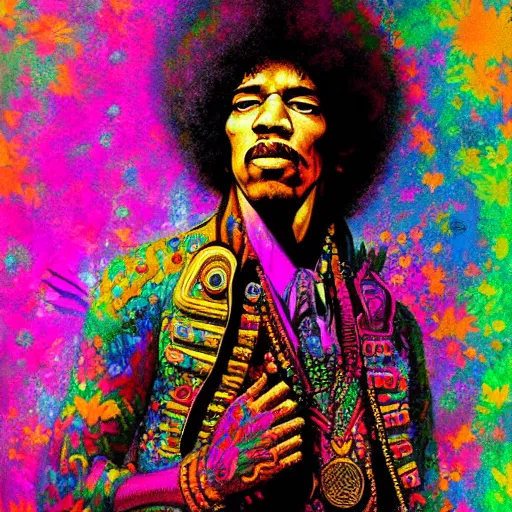 Prompt: An extremely psychedelic portrait of Jimi Hendrix wearing a crown, surreal, LSD, face, detailed, intricate, elegant, lithe, highly detailed, digital painting, artstation, concept art, smooth, sharp focus, illustration