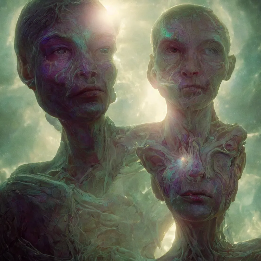 Image similar to extremely detailed cinematic movie still medium shot of enlightened iridiscent goddess hyperreal skin face by denis villeneuve, wayne barlowe, simon birch, marc simonetti, philippe druillet, beeple, alex grey bright volumetric sunlight, rich moody colors, bokeh