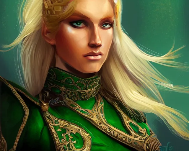 Prompt: A blonde emerald warrior, illustration, in the style of Fernando Juarez, epic, fantasy, intricate, elegant, amazing detail, digital painting, artstation, concept art, smooth, sharp focus, illustration