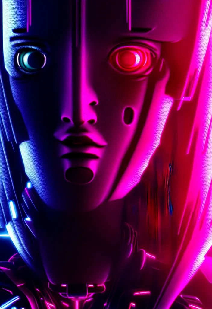 Prompt: ultra realistic digital portrait of robot, cyberpunk, glitchcore, synthwave art, detailed, masterpiece, trending on artstation, featured on pixiv, hd, 4 k, 8 k