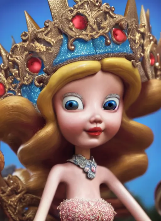 Prompt: highly detailed closeup, face profile portrait of a tin toy fairytale princess wearing a crown eating cakes, bikini, unreal engine, by nicoletta ceccoli, mark ryden, lostfish, dan decarlo, bob clampett, max fleischer, global illumination, detailed and intricate environment