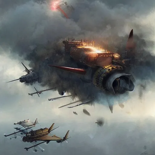 Image similar to huge steampunk aircraft in battle, sky, explosions, dense fog, jakub rozalski