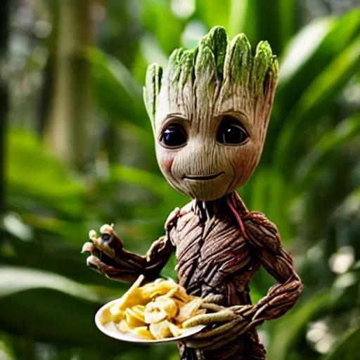 Image similar to baby groot eating banana on island in jungle