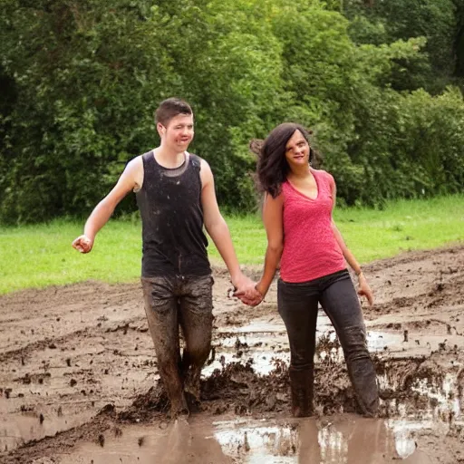 Image similar to a young couple rolling in the mud