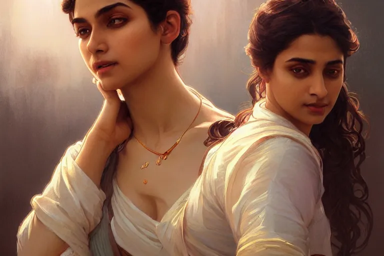 Image similar to Anxious good looking pale young Indian doctors arguing, portrait, elegant, intricate, digital painting, artstation, concept art, smooth, sharp focus, illustration, art by artgerm and greg rutkowski and alphonse mucha