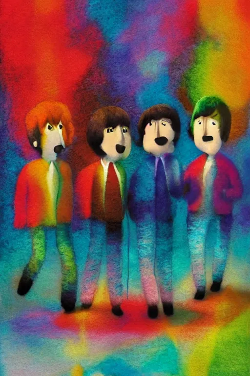 Prompt: a matte digital painting of the 4 beatles at night, bokeh, bright colours, watercolor, volumetric wool felting, children illustration, by goro fujita