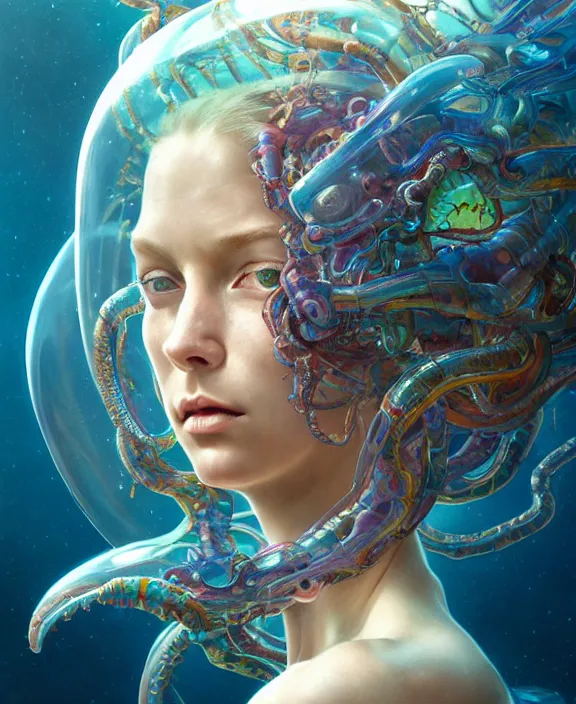 Image similar to intricate colorful transparent portrait of a terrifying beautiful alien sea creature, mottled coloring, adorable, childlike, biopunk environment, ultra realistic, concept art, art nouveau, photorealistic, octane render, 8 k, unreal engine. art by christopher marley and artgerm and greg rutkowski and alphonse mucha