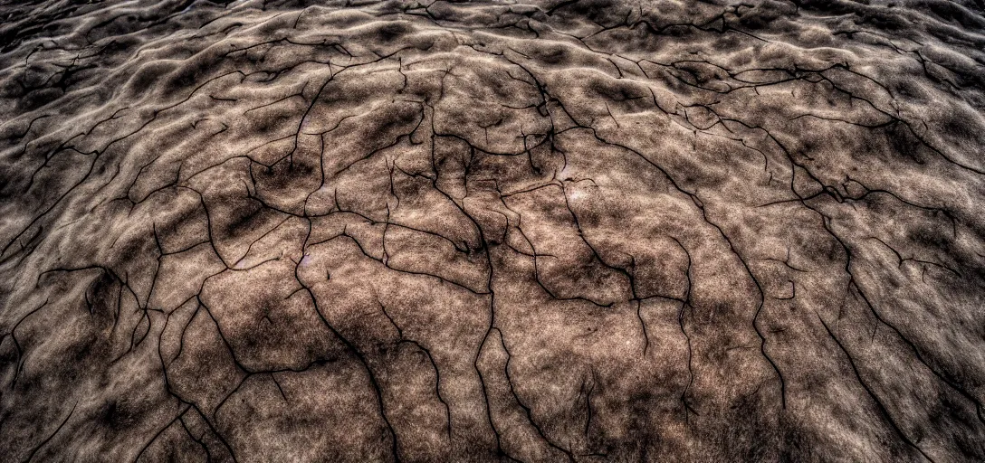 Image similar to a landscape photograph of a world made of greasy skin, folds of belly flab, skin, veins, bruises, scabs, warts, acne, highly detailed, wide angle lens, depth of field, distance fog, even lighting, hdri