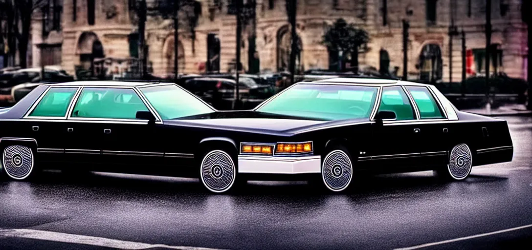 Image similar to hyper realistic, high detail real life photo of black 1 9 9 2 cadillac de ville, city streets wet, beautiful, dreary lighting