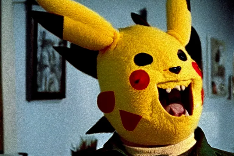 Image similar to Jack Nicholson dressed up in costume of Pikachu, scary, horror, still from the film by Stanley Kubrick in color