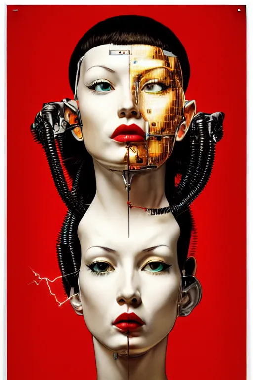 Image similar to cyborg head wrapped in plastic bags by Hajime Sorayama and Artemisia Gentileschi, centered, symmetrical, led, red, bilateral symmetry, 60s poster, polished, lightning, retro dark vintage sci-fi, 2D matte illustration