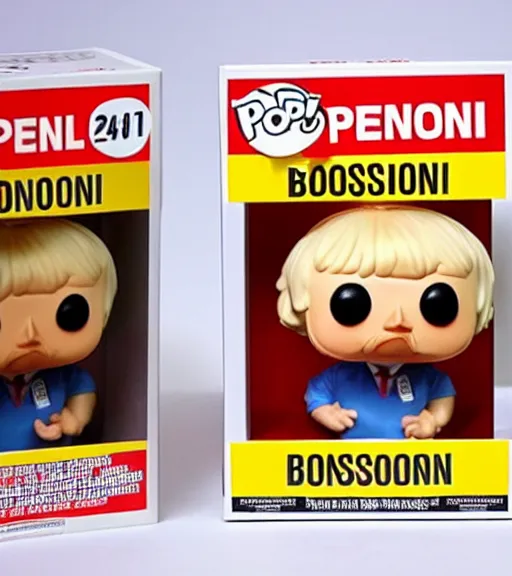 Prompt: 'boris johnson made out of baked beans' funko pop still sealed in box, ebay listing