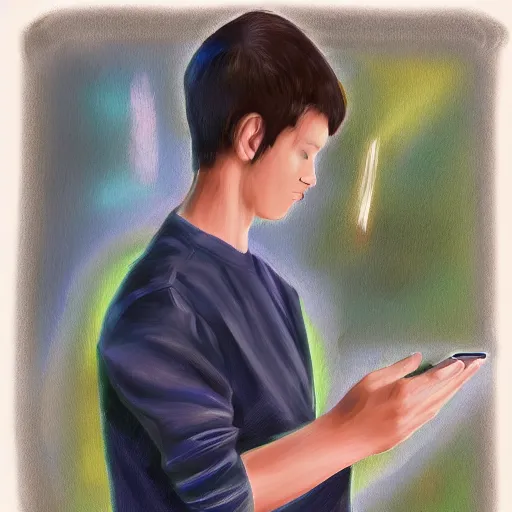 Image similar to a male teenager praying for a divine smartphone in front of him, digital art