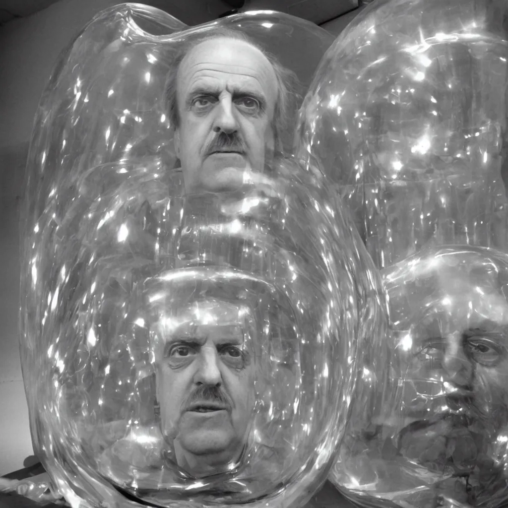 Image similar to Marshall McLuhan trapped in a huge inflatable transparent tube with chrome effect