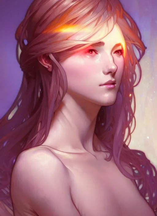 Prompt: digital character concept art by artgerm and greg rutkowski and alphonse mucha. clear portrait of a young wife blessed by god to uncontrollably become overwhelmingly perfect!! blonde, clothed, super feminine holy body!! light effect. hyper detailed, glowing lights!! intricate, elegant, digital painting, artstation, smooth, sharp focus