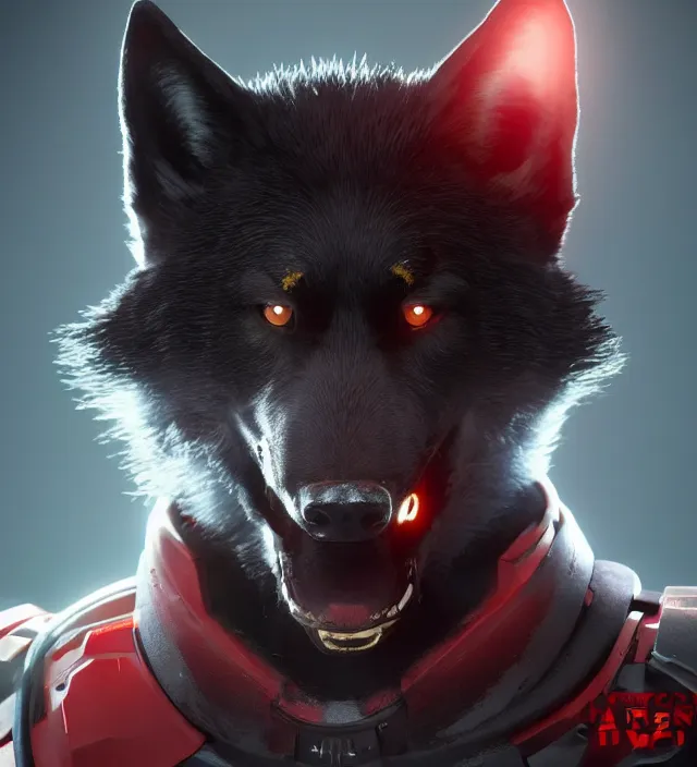 Image similar to portrait of a anthropomorphic black male wolf with red hair in star citizen, hyper detailed, digital art, trending in artstation, cinematic lighting, studio quality, smooth render, unreal engine 5 rendered, octane rendered, art style by pixar dreamworks warner bros disney riot games and overwatch.