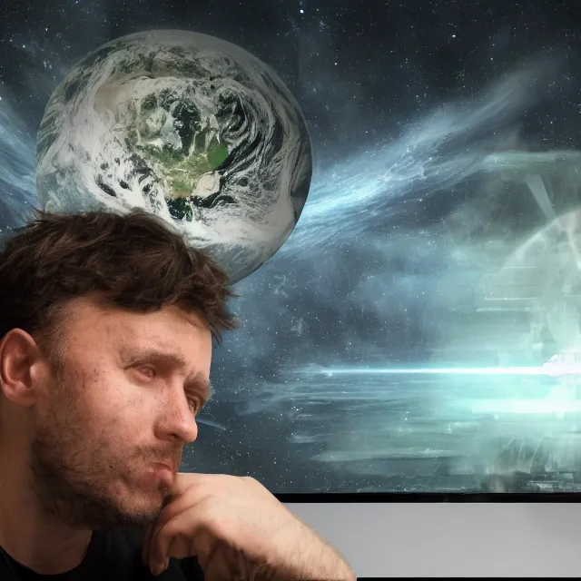 Image similar to a high resolution photo of a sad man watching the end of the universe on a vintage computer, dystopia, end of the world