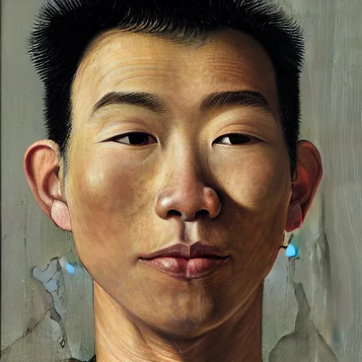 Image similar to detailed portrait of a modern, young confident asian american young man, by lucian freud, francis bacon, john chamberlain, willem de kooning, andreas franke, jean giraud, rob gonsalves, james gurney, james jean, ruan jia, gustav klimt