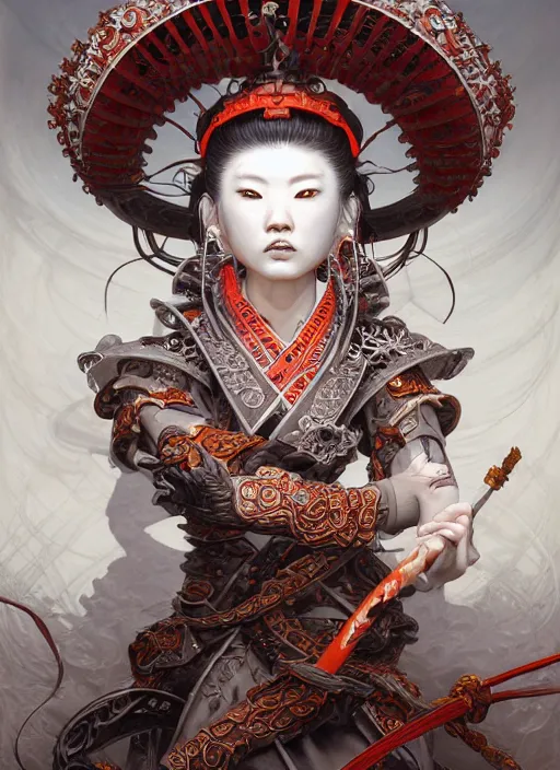 Prompt: subsurface scattering, white, koi, female samurai deity with filigree fantasy armor, by jesper ejsing, james jean, justin gerard, tomasz alen kopera, cgsociety and fenghua zhong, highly detailed, rim light, cinematic lighting, illustration, art, octane render, very coherent, cinematic, hyper realism, high detail, 8 k