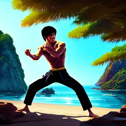 Prompt: bruce lee in lotus position on a beach background, behance hd by jesper ejsing, by rhads, makoto shinkai and lois van baarle, ilya kuvshinov, rossdraws global illumination radiating a glowing aura global illumination ray tracing hdr render in unreal engine 5