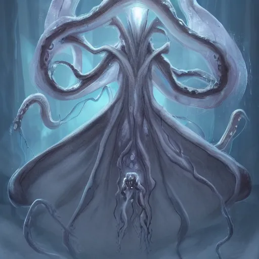 Image similar to concept designs for an end game boss that is an ethereal ghostly wraith like figure with a squid like parasite latched onto its head and long tentacle arms that flow lazily but gracefully at its sides like a cloak while it floats around a frozen rocky tundra in the snow searching for lost souls and that hides amongst the shadows in the trees, this character has hydrokinesis and electrokinesis for the resident evil village video game franchise with inspiration from the franchise Bloodborne