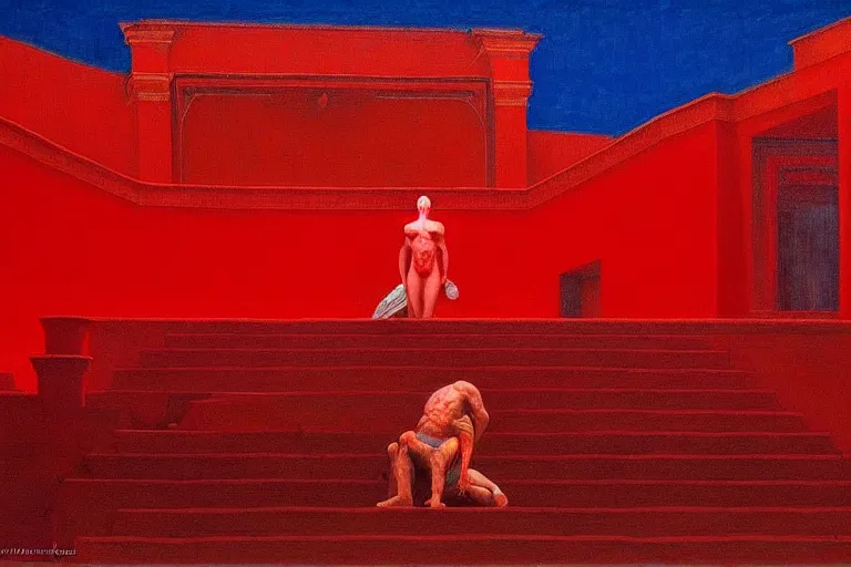 Prompt: only with red, a red great emperor, taormina amphitheatre, expressive crowd hails him, in the style of beksinski, parts by edward hopper, parts by rodcenko, parts by yue minjun, intricate and epic composition, red by caravaggio, insanely quality, highly detailed, masterpiece, red light, artstation, 4 k