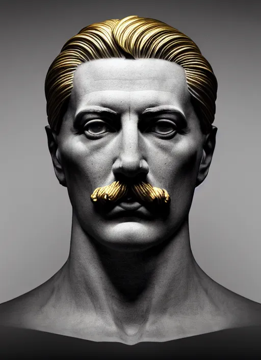 Image similar to a statue made of white marble with gold veins, of josef stalin, transhumanism, full body shot, perfect symmetrical body, perfect symmetrical face, hyper realistic, hyper detailed, by johannen voss, by peter kemp, by monia merlo, by michelangelo, by ernst haeckel, by alex grey, octane render, blender, 8 k