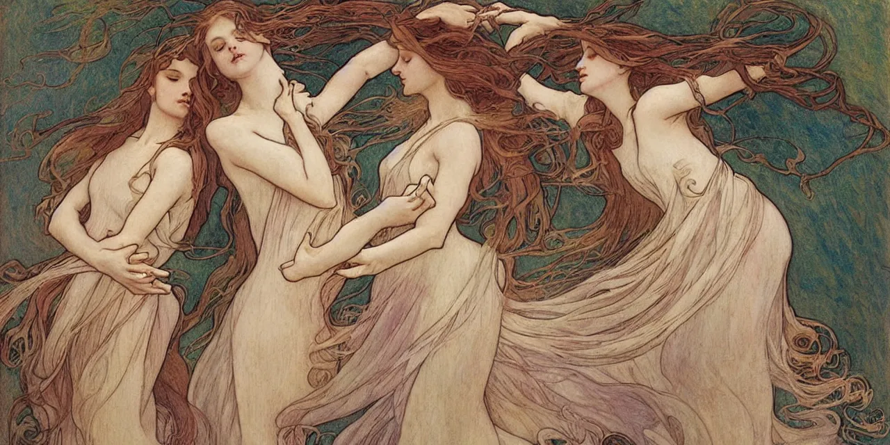 Prompt: two girl dancing ,flowing hair ,mucha