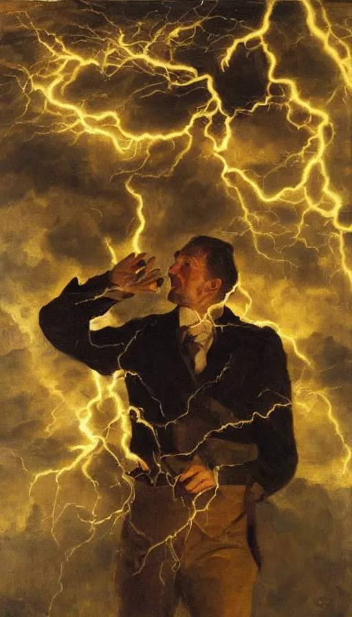 Prompt: still life painting of man getting struck by lightning, by Peder Krøyer, party, golden hour, dramatic lighting, epic, gargantuan, intricate detail, canvas print