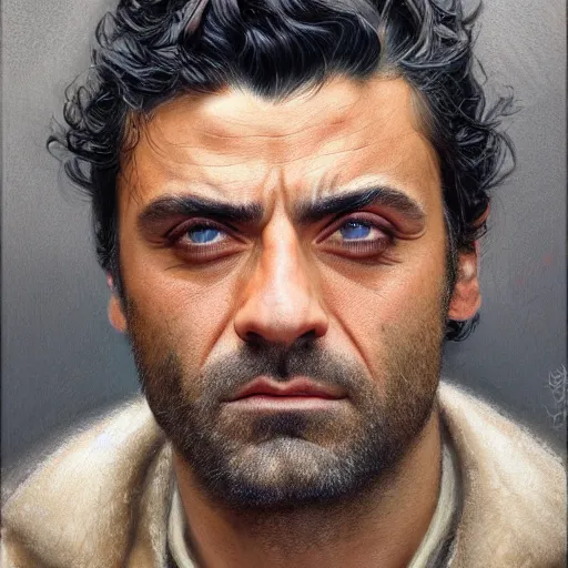 Image similar to oscar isaac, closeup portrait art by donato giancola and greg rutkowski, realistic face, digital art, trending on artstation, symmetry!!