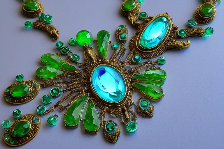 Prompt: highly detailed oil painting, very realistic gemstones, symmetrical, art nouveau, ornate, delicate, brilliant green, cyan and light blue gemstone necklace, dramatic light,