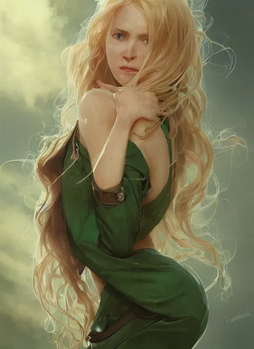 Prompt: a young april with a mischievous face and extremely long blonde wavy hair dressed in a green pale mechanic suit, she have three little scars marks on her forehead, intricate detailed face, artgerm, greg rutkowski, alphonse mucha