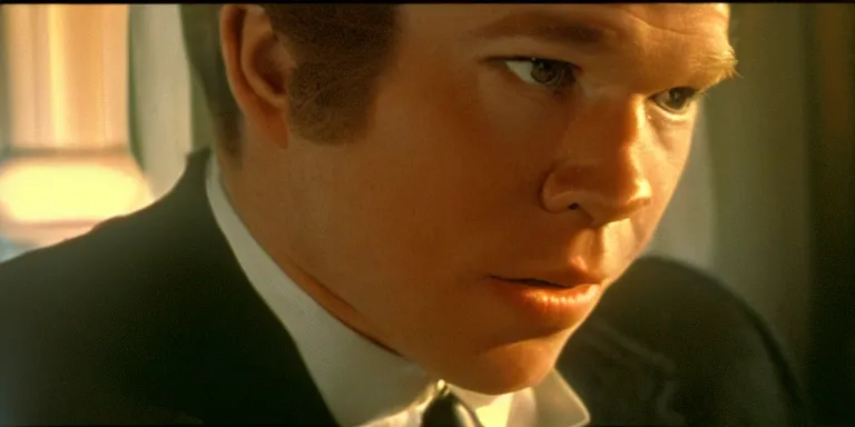 Prompt: photorealistic close up shot cinematography of young william shatner aka james t kirk acting in a twilight zone episode shot on film at magic hour with the sun shining into a large 6 0's hotel lobby room filled with volumetric haze by the shining cinematographer john alcott on a cooke panchro 6 5 mm macro lens.