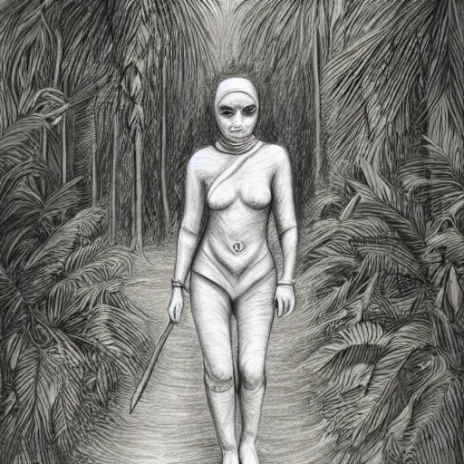 Prompt: bandaged mummy walks through jungle, pencil drawing, high resolution,