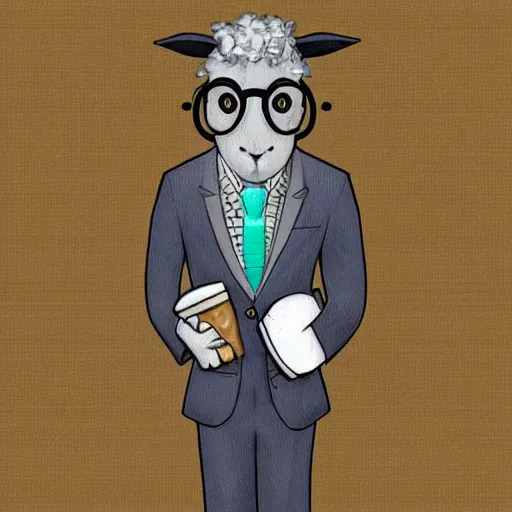 Prompt: male sheep character design ， a gentleman, wearing a suit, a glasses, by andrews, esao