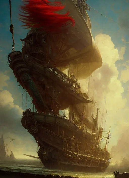 Image similar to portrait painting of a long hair red hair male pirate in front of steampunk airship in the sky by raphael lacoste and stephan martiniere greg rutkowski gaston bussiere fantasy soft hair trending on artstation key art dramtic volumetric lighting, 4 k, award winning