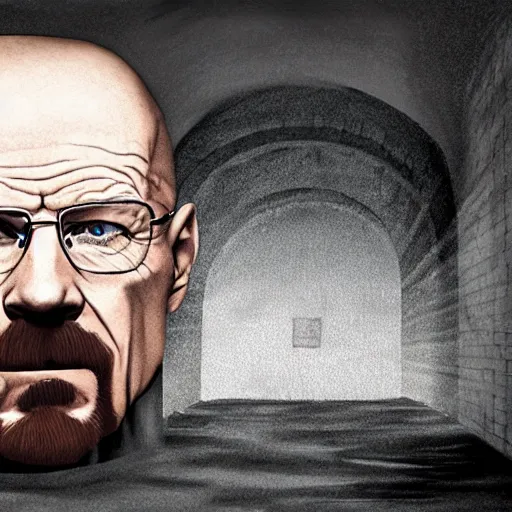 Image similar to Walter white hiding in a sewer, dark, unlit, photorealistic