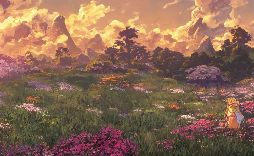 Image similar to fantastic anime sunny meadow with flowers, lone old Oak in the middle plane and mountains on the background, by Hayao Miyazaki, Nausicaa, Ghibli, Breath of the wild, Anime wallpaper