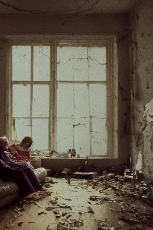 Prompt: realistic detailed image of a Top-down perspective of an old dead couple sitting on a couch with bottles on the floor in old living room with big window in thestyle of Francis Bacon and Greg Rutkowski, interior room, old dead couple in a messy living room with big window. Still from 1982 movie The Thing. Beksiński Masterpiece