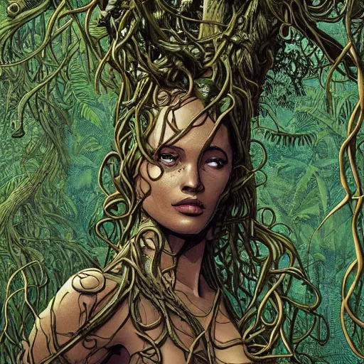 Image similar to full body portrait EXTREMELY DETAILED TWISTED DENSE vegetation stunning jungle beautifully-rendered verdant green ENT NYMPH twisting winding knotted tangled vines and trees by moebius human form by James Jean, by Mike Mignola comic graphic novel style action illustration COMPLICATED INTRICATE BUSY, gritty textured, trending on artstation