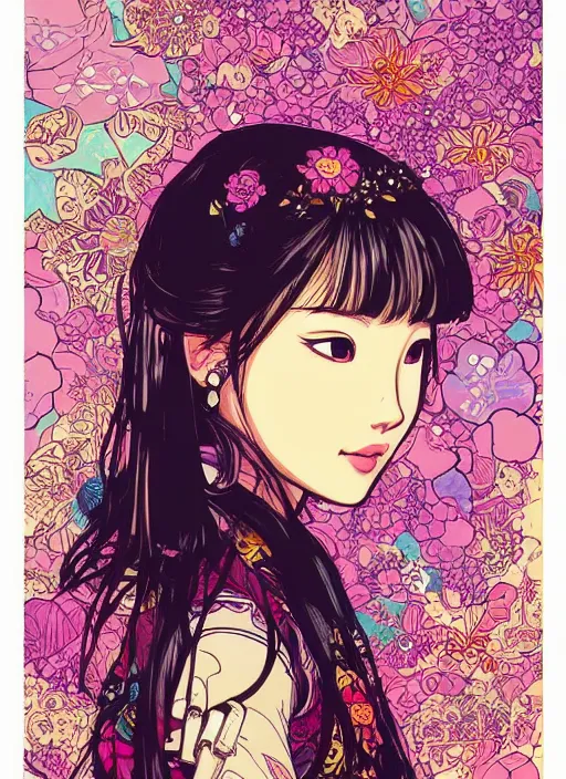 Image similar to beautiful lisa blackpink cyborg portrait girl female illustration detailed patterns art of thai traditional dress, flower pop art, floral splash painting, art by geof darrow, ashley wood, alphonse mucha, makoto shinkai