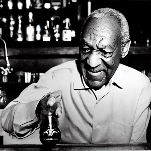 Prompt: Bill Cosby working as a Bartender in a bar serving drinks while smiling and rolling his eyes