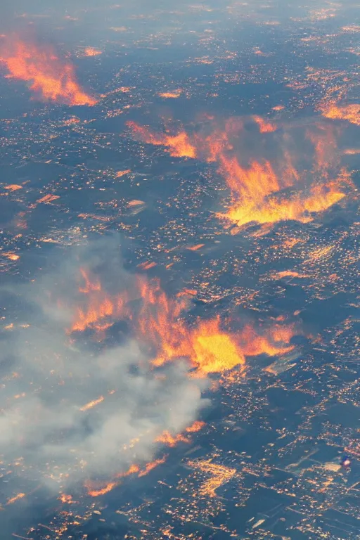 Image similar to airplane window view, aerial imagery, huge fire, very detailed, trending on artstation