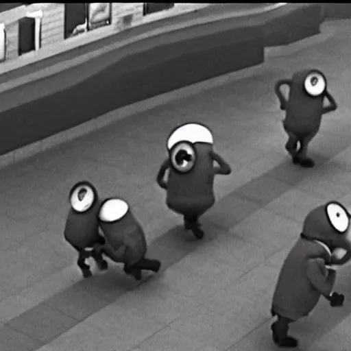 Prompt: Minions robbing a bank, caught on CCTV